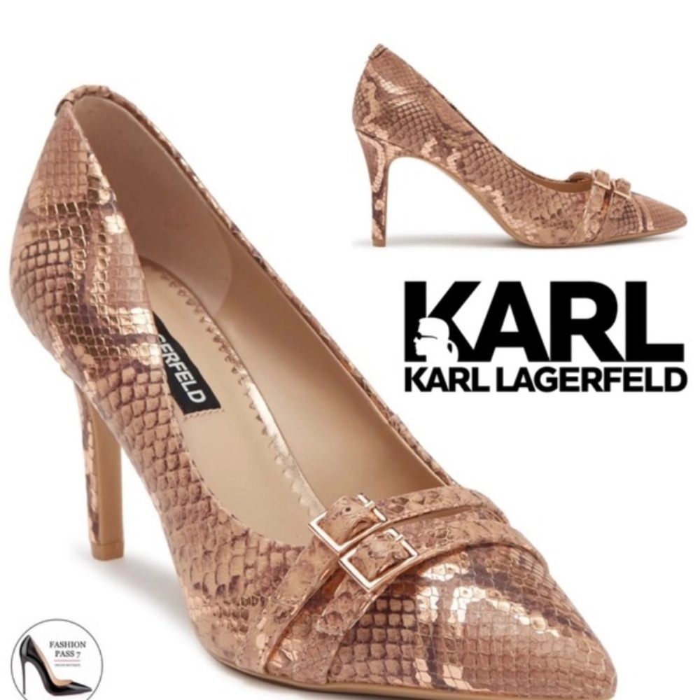 KARL LAGERFELD Pointed Toe Pump Nude Rose Gold Snakeskin Stiletto Heel Shoes 6
